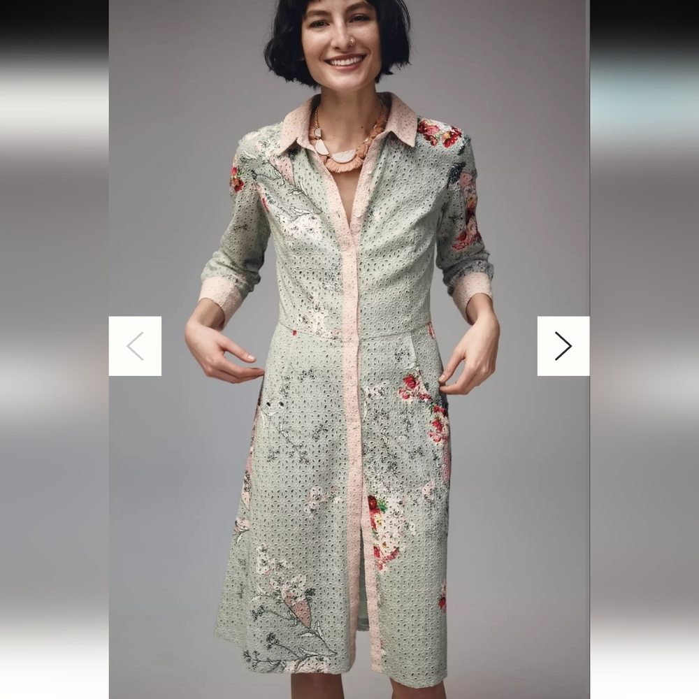 Anthropologie | Floral Eyelet Long-Sleeve Shirt Dress in Mint with Pink Trim